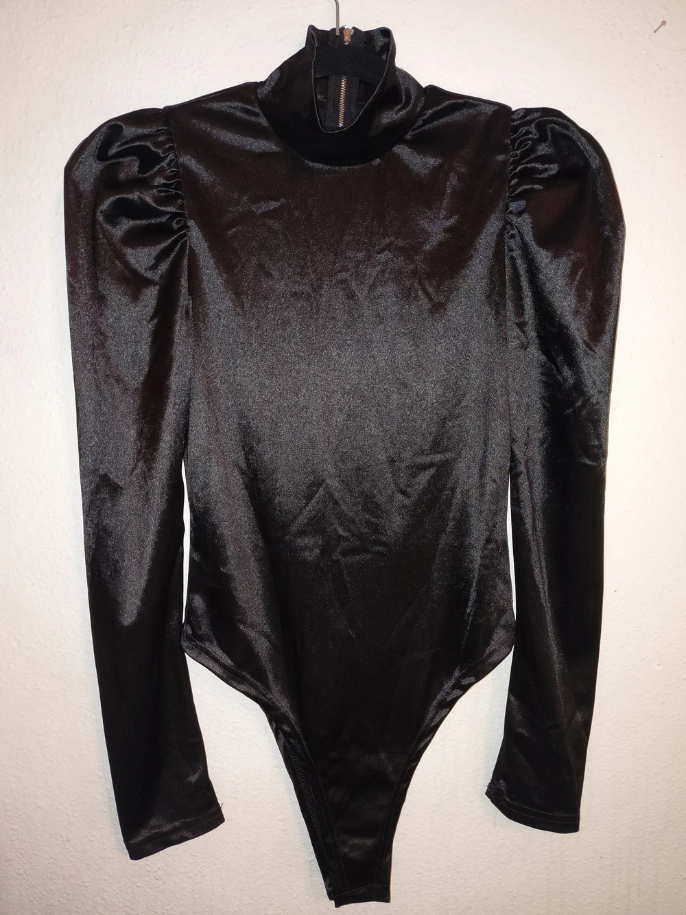 Vintage Black Satin Puff Sleeve Bodysuit High Neck Gothic Disco 80s Glam Size L - Picture 2 of 9